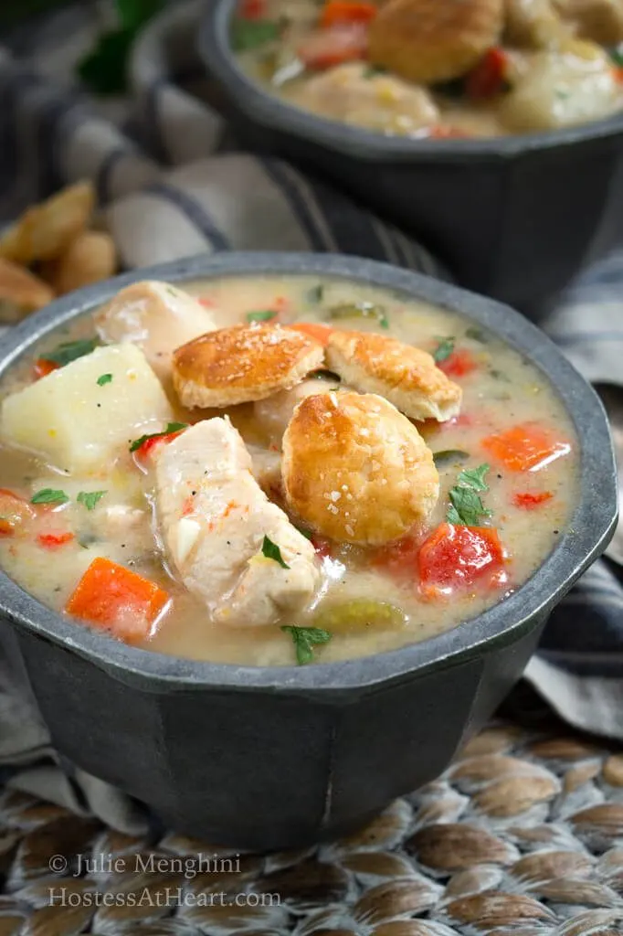 Bowl of Chicken Pot Pie Soup with second bowl in back