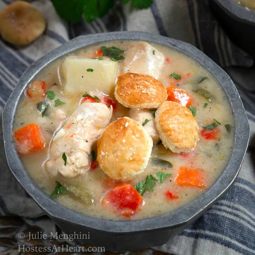 Top view close up of a bowl of Chicken Pot Pie Soup