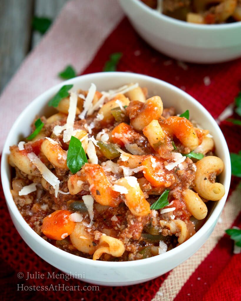 top closeup view of a bowl of goulash