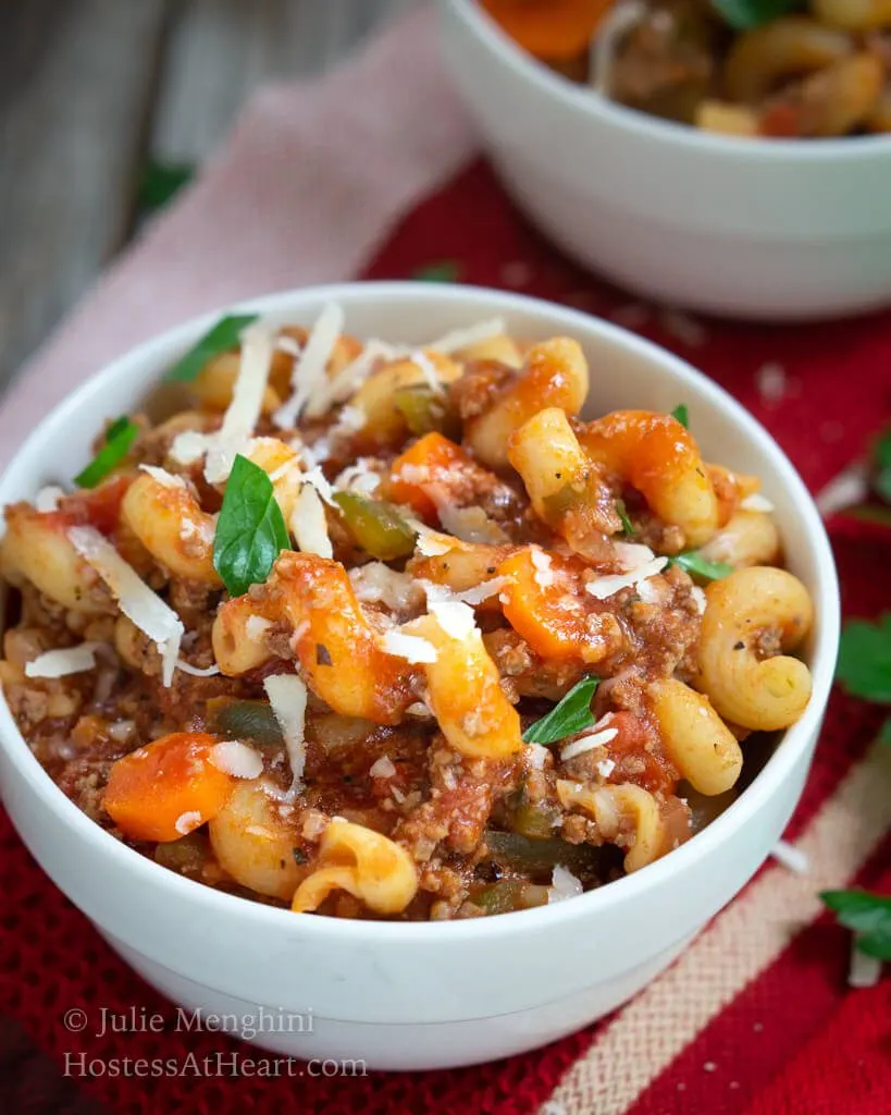 close up 3/4 view of a bowl of goulash