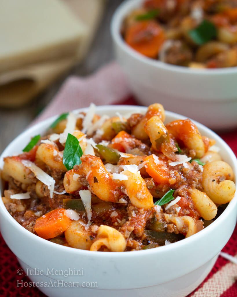 Close up of a side view of a bowl of goulash