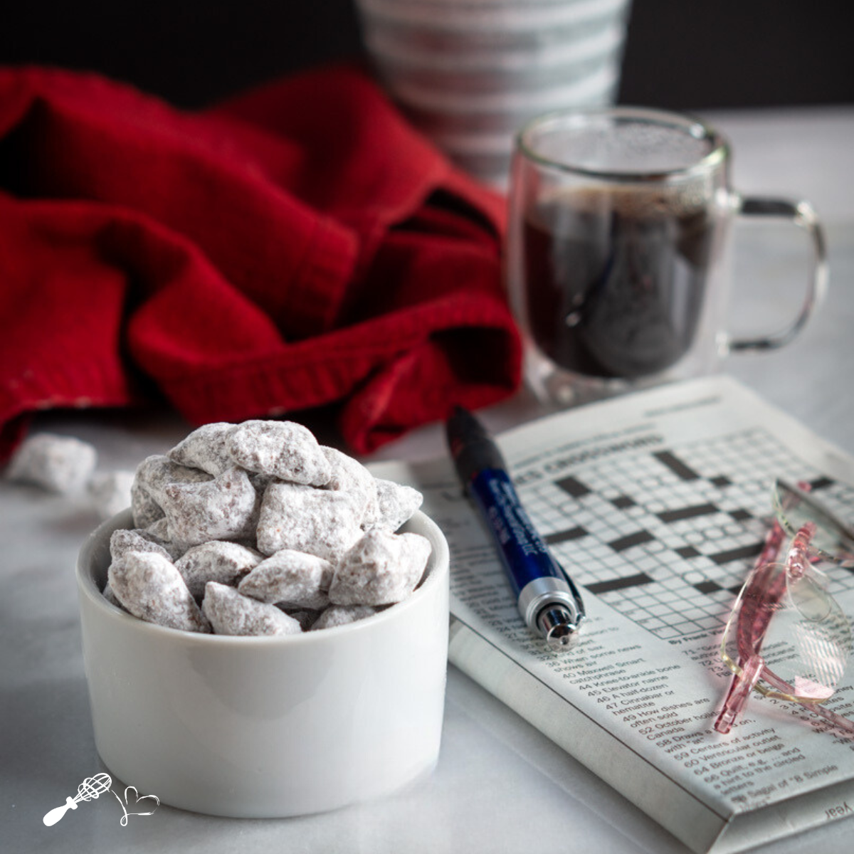 A bowl over filled with peanut butter puppy chow also known as muddy buddies. Hostess At Heart