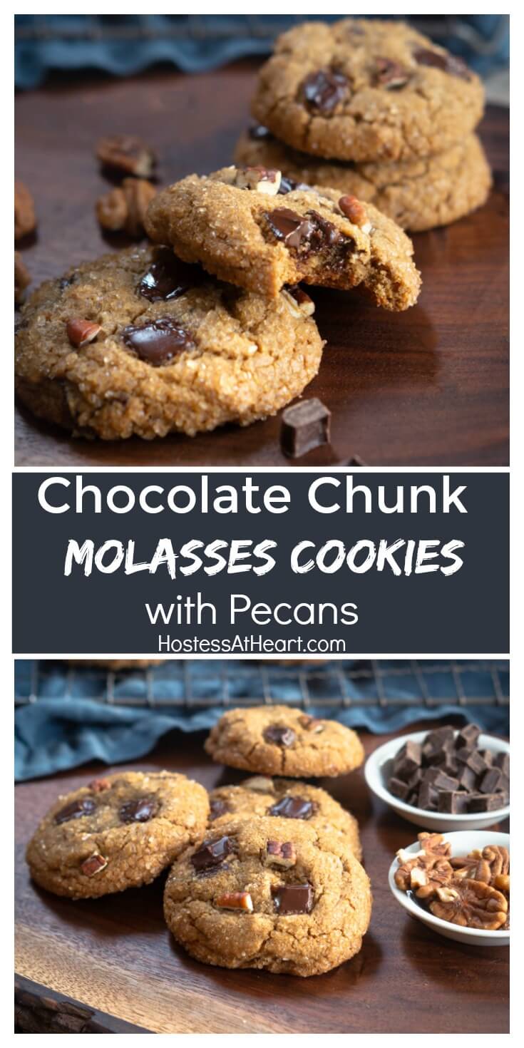 Chocolate Chunk Molasses Cookies with Pecans aren't your ordinary cookie. They're a delicious cookie with a celebration of flavors and textures | #christmascookies #cookies #cookierecipes #holidaybaking #molassescookies