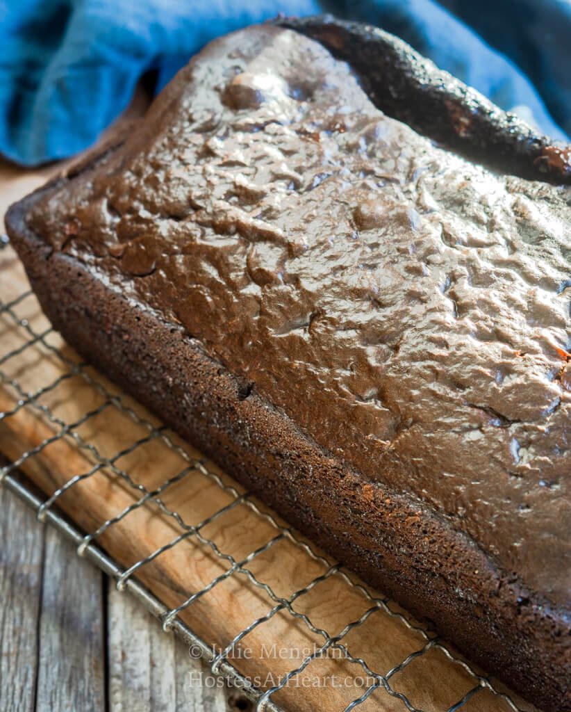 top view of a loaf of dark chocolate bread