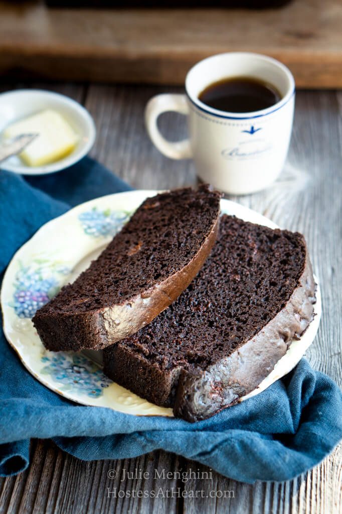 View of top of two slices of chocolate banana bread