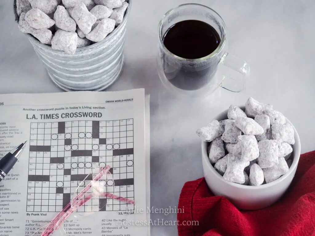 Horizontal puppy chow shot with crossword puzzle