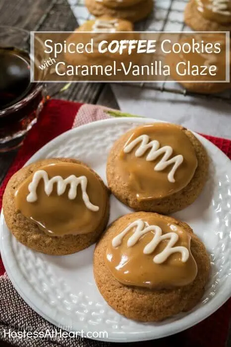 3 soft mocha coffe flavored cookies with a soft caramel topping and swirl vanilla glaze