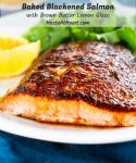 This Baked Blackened Salmon is tender and juicy. The blackened seasoning makes a spicy crust and it glistens from the brown butter lemon drizzle.