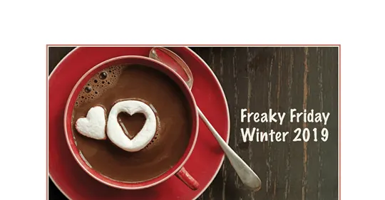 Banner showing hot chocolate in a red cup and saucer with the Freaky Friday Recipe winter edition printed next to the saucer.