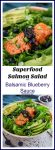 A collage of superfood salmon salad with balsamic blueberry sauce is loaded with a dark orange salmon filet, avocado and bright green leaf lettuce