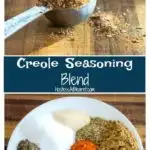 Creole seasoning blend collage showing a mix of herbs and spices that lend a savory kick to any dish.