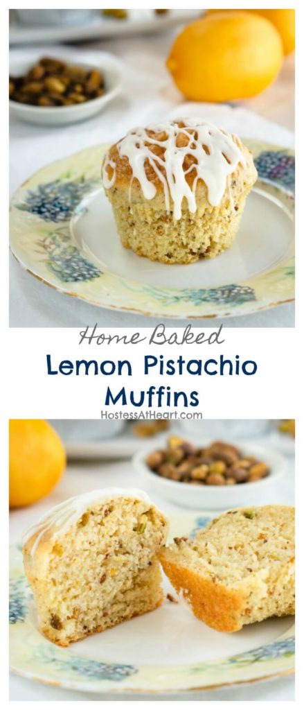 Long collage of a whole lemon pistachio muffin with a lemon drizzle over a muffin cut in half