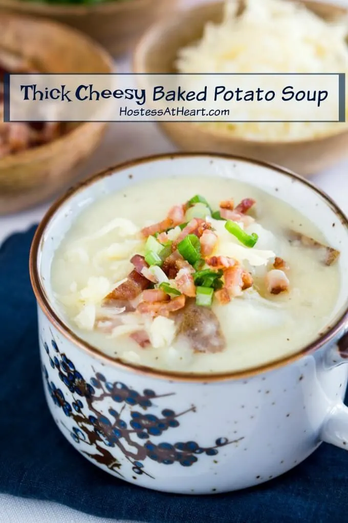 Thick potato soup loaded with green onions, bacon and cheddar cheese