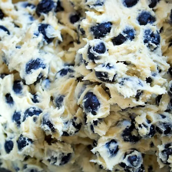 Thick Blueberry Buckle dough loaded with blueberries.