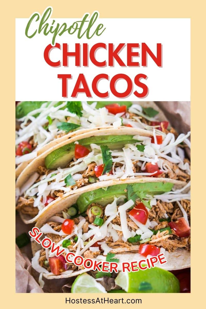 An image for Pinterest of three shredded chicken tacos.
