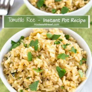 This close up of Tomatillo Rice shows a never sticky green tinted rice sprinkled with cilantro.