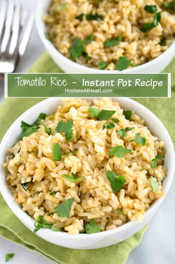 This close up of Tomatillo Rice shows a never sticky green tinted rice sprinkled with cilantro.