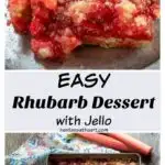 Collage showing a 3/4 view of a red rhubarb dessert slice on a grey plate
