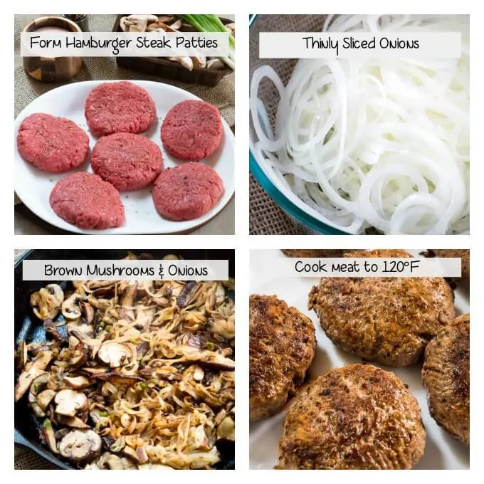 Four photos showing the process of making Hamburger Steak shows patties, sliced onion, browned mushroom, and onion, and browned patties