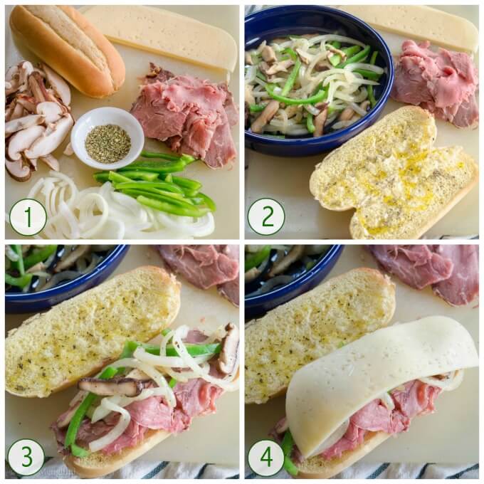 4 photos showing the steps to make they hot beef sandwich, ingredients, oil on the bun, adding meat and vegetables and then cheese.