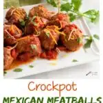 Mexican flavored meatballs in a red chipotle sauce sitting on a white platter garnished with cilantro.