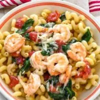 Top view of a bowl of Cavatappi pasta topped with cooed shrimp, spinach, tomatoes and grated cheese