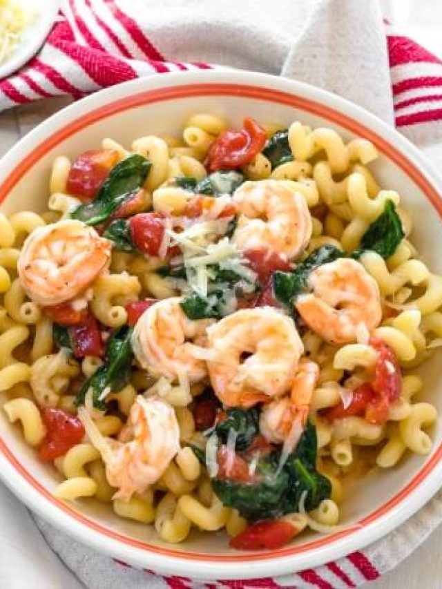 Creamy Shrimp Pasta with Tomato and Spinach Story - Hostess At Heart