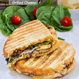 Stacked grilled cheese panini. The bread shows the grill marks and the sandwich has melted cheese oozing down the bread. It's all sitting next to a spinach salad with tomatoes.