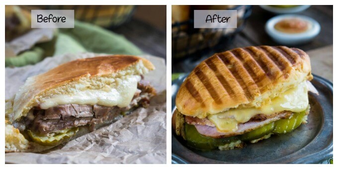 Side by side comparison of a properly grilled panini bread roll stuffed with cheese, roasted pork, ham, and pickles