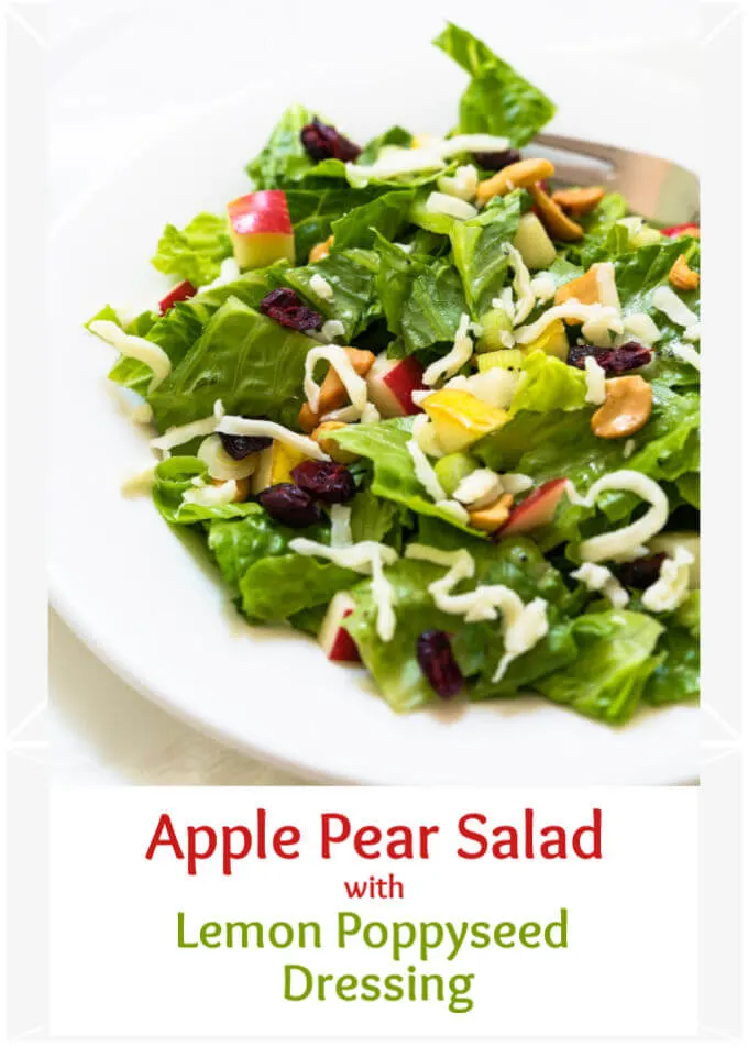 Top-down photo of a lettuce salad in a white bowl topped with cashews, cranberries, pears, apples, and grated Swiss cheese. The title \"Apple Pear Salad with Lemon Poppyseed Dressing runs across the bottom.