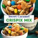 Two photo image for pinterest of a gameday snack sweet crispix mix in a serving dish.