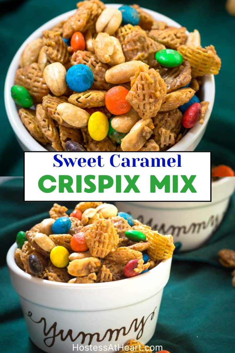 Two photo image for pinterest of a gameday snack sweet crispix mix in a serving dish.