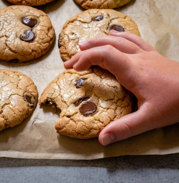 6 chocolate chip cookies on parchment paper with a childs hand returning one with a bite taken out of it.