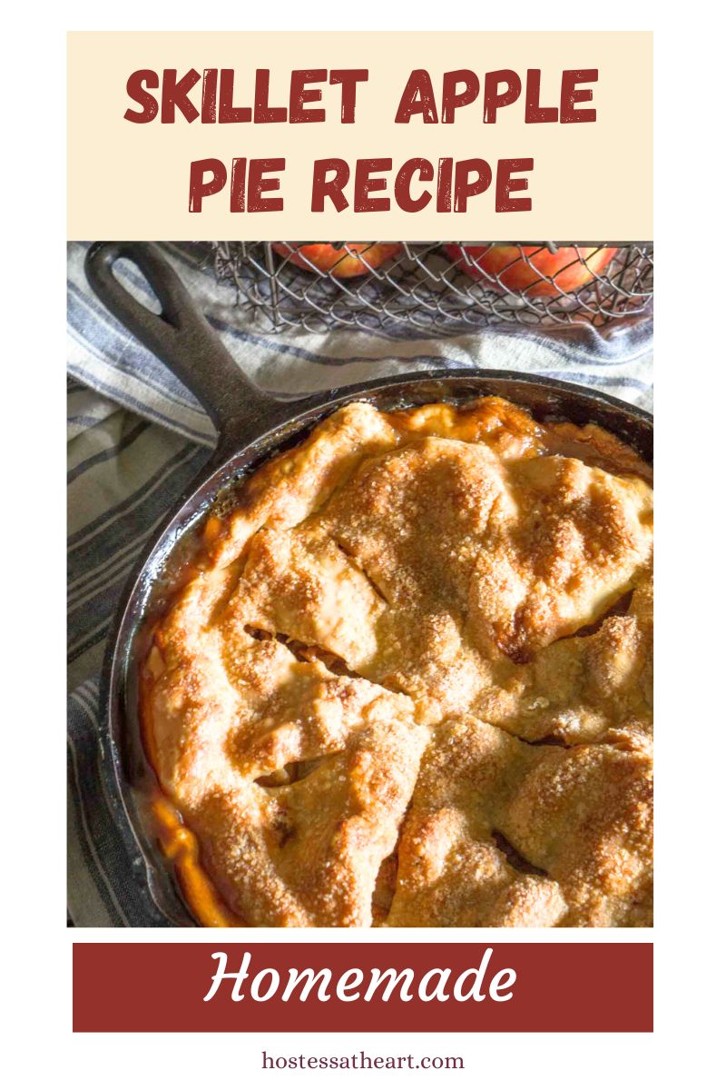 Image for Pinterest of an apple pie baked in a cast iron skillet.