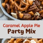 Two photo collage of caramel apple snack mix filled with pretzels, pecans, dried apples and caramel chips.