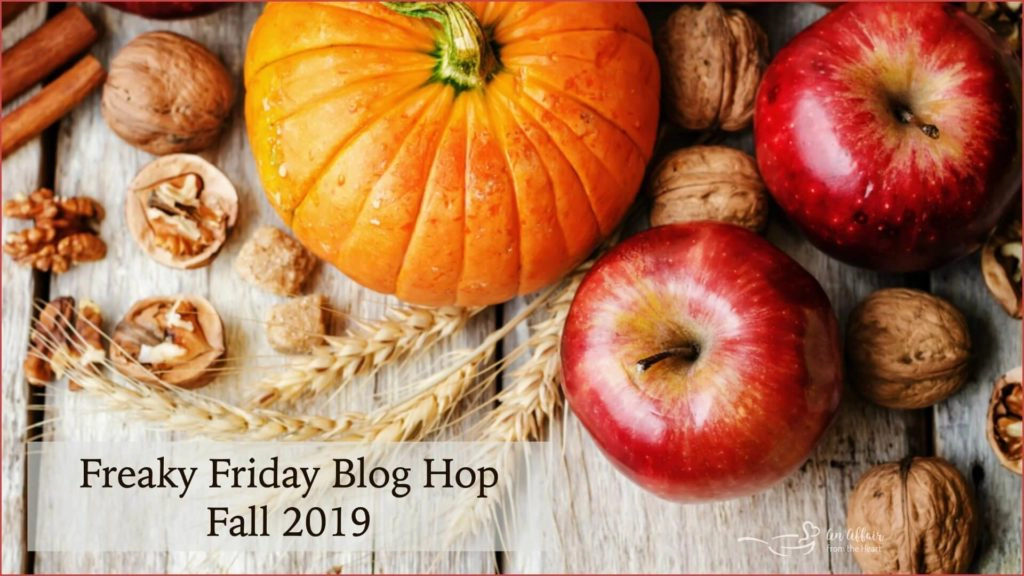 Top photo of a pumpkin, apples, and walnuts announcing the Freaky Friday Blog Hop