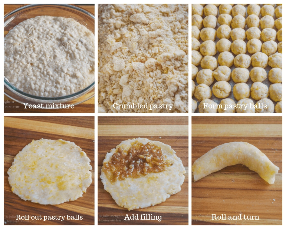 6 steps to making nut rolls including yeast mixure, crumbly pastry, pastry balls, pastry rolled out, pastry filled, pastry formed
