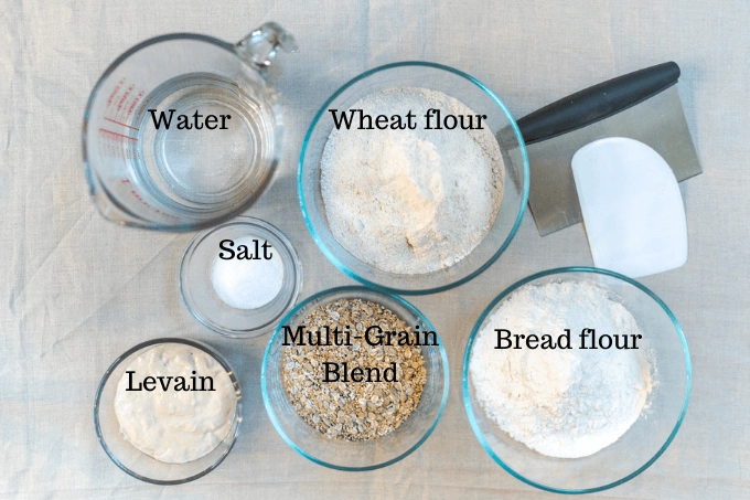 Top angle of the ingredients in a loaf of MultiGrain Sourdough Wheat Bread