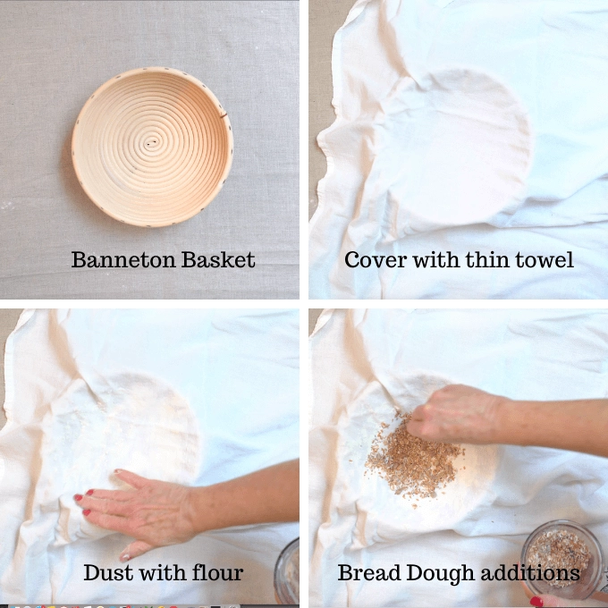 A 4 photo collage explaining how to shape bread dough including a banneton basket, covering the basket, dusting it with flour and including any additions in the bottom of the basket such as seeds.