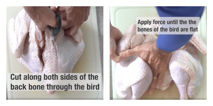 Two photo collage of cutting the backbone from a turkey and applying pressure to flatten the breast bone