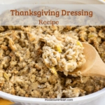 A white dish full of Thanksgiving dressing with a wooden spoon dipped into it. The title sits across the top.