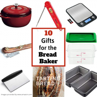 Collage photo of supplies for a bread baker. The supplies include a red dutch oven, thermometer, scale, lame, loaf pans, plastic dough bin, and a dough scraper.
