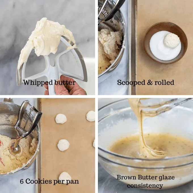 Collage showing whipped butter, rolled sugar cookie dough, cookie dough on a cookie sheet, and brown butter glaze in a bowl.