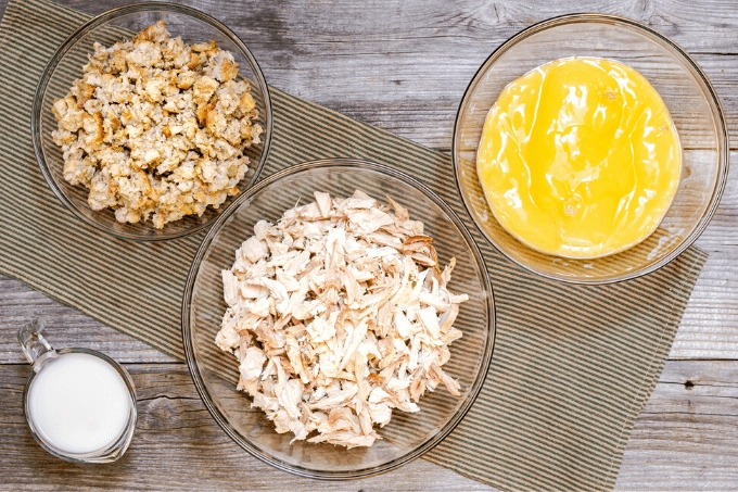 Top shot of Ingredients including shredded turkey, stuffing, chicken soup and milk