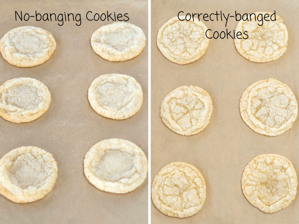 Two photos comparing properly made cookies verses improperly made.