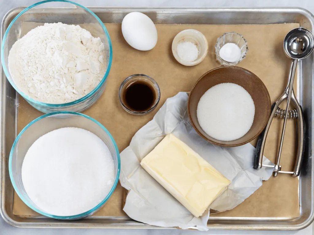Cookie tray filled with the ingredients necessary to make sugar cookies. Flour, sugar, butter, egg, vanilla, baking soda and salt next to a dough scoop.