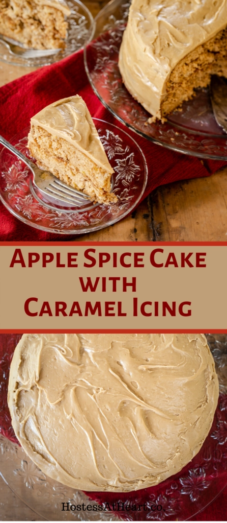 2 photo collage of caramel cake. A slice cake appears on the top over a red napkin and a whole cake on the bottom.