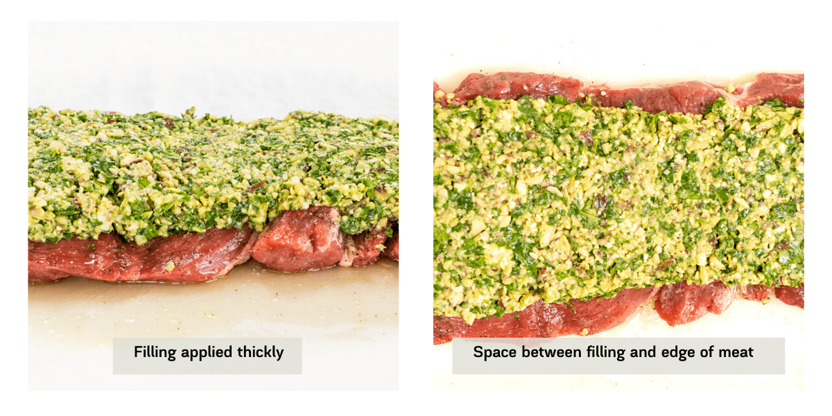 Two picture collage showing how to apply the filling to the lamb.
