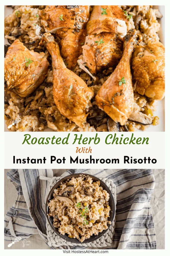 Pinterest collage of two photos. Top is closed up of roasted chicken and the bottom is a bowl of mushroom risotto sitting on a blue striped towel. The title banner runs through the middle of the two pictures