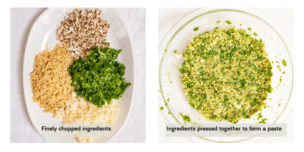 Two picture collage showing the ingredients of the lamb roulade filling, mushrooms, cheese, spinach and pine nuts. The second picture is a bowl of the combined ingredients.